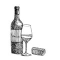 Red wine bottle and glasses, sketch style illustration isolated on white background. Realistic hand drawing. Engraving Royalty Free Stock Photo