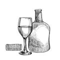 Red wine bottle and glasses, sketch style vector illustration isolated on white background. Realistic hand drawing Royalty Free Stock Photo