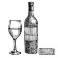 Red wine bottle and glasses, sketch style vector illustration isolated on white background. Realistic hand drawing Royalty Free Stock Photo