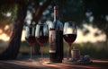 Red wine bottle with glasses on table Royalty Free Stock Photo