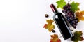Red Wine Bottle With Grapes And Autumn Leaves On White Background. Generative AI Royalty Free Stock Photo
