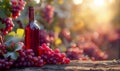 Red wine bottle and grapes on wooden table in vineyard at sunset Royalty Free Stock Photo