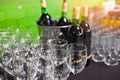 Red wine bottle in ice bucket and wine glass on the table background / champagne glass for celebration party Royalty Free Stock Photo