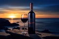 Red Wine Bottle on Ocean Beach, Wine Bottle Mockup on Rocky Shore, Dark Blue Sky Sunset Royalty Free Stock Photo