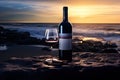 Red Wine Bottle on Ocean Beach, Wine Bottle Mockup on Rocky Shore, Dark Blue Sky Sunset Royalty Free Stock Photo