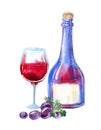Red wine bottle,rosemary, grapes and cheese.Picture of a alcoholic drink. Royalty Free Stock Photo