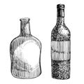 Red wine bottle, sketch style vector illustration isolated on white background. Realistic hand drawing. Engraving style Royalty Free Stock Photo