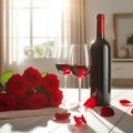 Red wine bottle, two empty glasses, red roses on white wooden table, over white room background sunny day Royalty Free Stock Photo