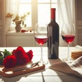 Red wine bottle, two empty glasses, red roses on white wooden table, over white room background sunny day Royalty Free Stock Photo