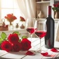 Red wine bottle, two empty glasses, red roses on white wooden table, over white room background sunny day Royalty Free Stock Photo