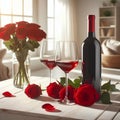 Red wine bottle, two empty glasses, red roses on white wooden table, over white room background sunny day Royalty Free Stock Photo