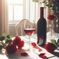 Red wine bottle, two empty glasses, red roses on white wooden table, over white room background sunny day Royalty Free Stock Photo