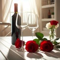 Red wine bottle, two empty glasses, red roses on white wooden table, over white room background sunny day Royalty Free Stock Photo
