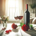 Red wine bottle, two empty glasses, red roses on white wooden table, over white room background sunny day Royalty Free Stock Photo