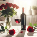 Red wine bottle, two empty glasses, red roses on white wooden table, over white room background sunny day Royalty Free Stock Photo