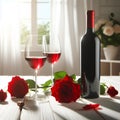 Red wine bottle, two empty glasses, red roses on white wooden table, over white room background sunny day Royalty Free Stock Photo