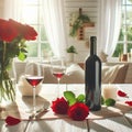 Red wine bottle, two empty glasses, red roses on white wooden table, over white room background sunny day Royalty Free Stock Photo