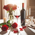 Red wine bottle, two empty glasses, red roses on white wooden table, over white room background sunny day Royalty Free Stock Photo