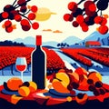 Red wine bottle on vineyard. Vector illustration in flat style. AI Generated