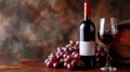 A red wine bottle with a white label, accompanied by a wine glass and a bunch of grapes, all arranged on a rustic background with Royalty Free Stock Photo