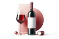 red wine bottle with white label mockup and glass isolated on a white background. ai generative Royalty Free Stock Photo