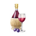 Red wine bottle with wicker bottom, glass and grapes elements. Vintage realistic traditional italy wine container