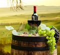 Red wine bottle and wine glass on wodden barrel. Beautiful Tusca Royalty Free Stock Photo