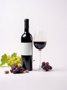 Red wine bottle with wine grapes isolated on transparent or white background with blank label for text. Copy space Royalty Free Stock Photo