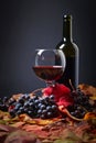 Red wine , grapes and dry vine leaves . Royalty Free Stock Photo