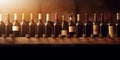 Red wine bottles displayed on a wooden shelf for winery, bar, or shop banner background Royalty Free Stock Photo