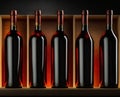 Red wine bottles on a wooden shelf, black background for a panoramic banner Royalty Free Stock Photo