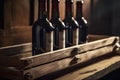 Red wine bottles on wooden shelf, created with generative AI Royalty Free Stock Photo