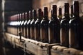 Red wine bottles on wooden shelf, created with generative AI Royalty Free Stock Photo