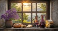Red wine and bread are the focal points of this rustic still life in a vineyard at sunset Royalty Free Stock Photo