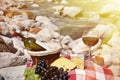 Red wine, cheese and grapes served at a picnic Royalty Free Stock Photo
