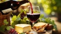 Red Wine and Cheese. Romantic Lunch Outdoor. Pouring Wine close-up. Generative AI Royalty Free Stock Photo