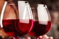 Red wine.Closeup of two glasses of red wine.macro .Selective focus Royalty Free Stock Photo
