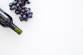 Red wine concept. Glass bottle with beverage near bunch of grapes on white background top view copy space Royalty Free Stock Photo