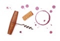 Red wine cork, opener and stain rings isolated Royalty Free Stock Photo