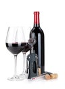 Red wine, corkscrew, corks and thermometer Royalty Free Stock Photo