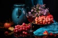 Red wine, dark blue jug and fruit on a black background Royalty Free Stock Photo