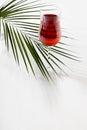 Red wine in elegant glass with green palm leaf in sunlight with shadow on soft light white wood table, top view, vertical. Royalty Free Stock Photo