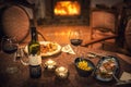 Red wine and food in restaurant, winter time, romantic dinner