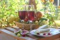 Red wine with fruits and grapes