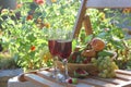 Red wine with fruits and grapes