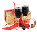 Red wine,gift, red ribbon and chocolates