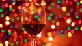 Red wine glass against christmas lights bokeh background Royalty Free Stock Photo