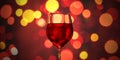 Red wine glass against christmas lights bokeh background. 3d illustration Royalty Free Stock Photo