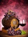 Red wine glass barrel with grapes Royalty Free Stock Photo
