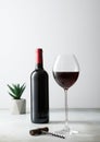 Red wine glass and bottle with corkscrew and green plant Royalty Free Stock Photo